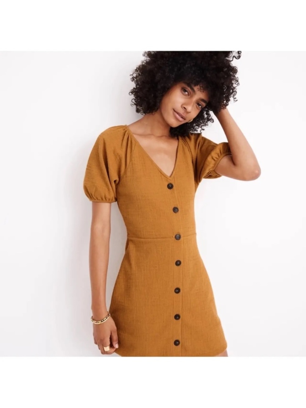 PLUS SIZE: Madewell Texture & Thread Puff-Sleeve Dress Mustard Yellow
